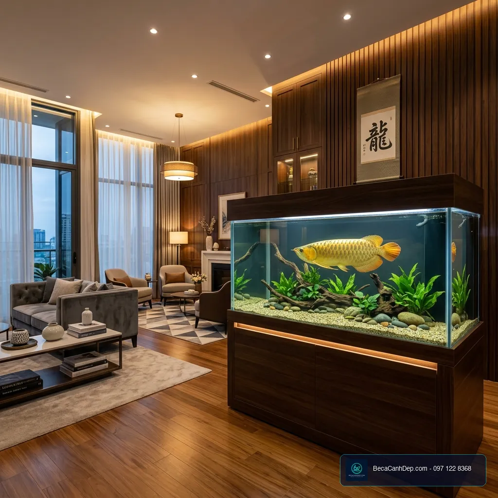 Bố trí bể cá rồng phòng khách biệt thự sang trọng