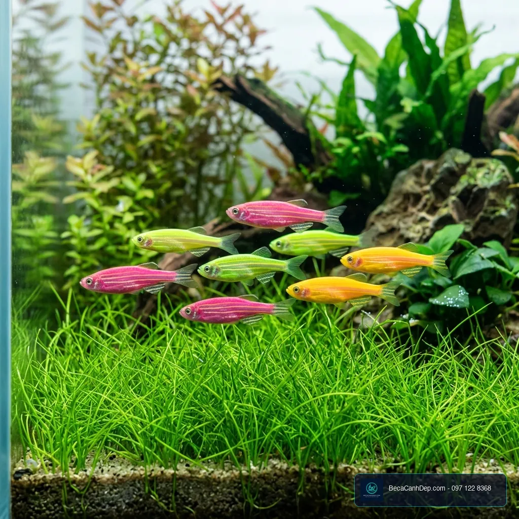 Cá sọc ngựa cánh tiên bơi lội năng động trên thảm cỏ thủy sinh