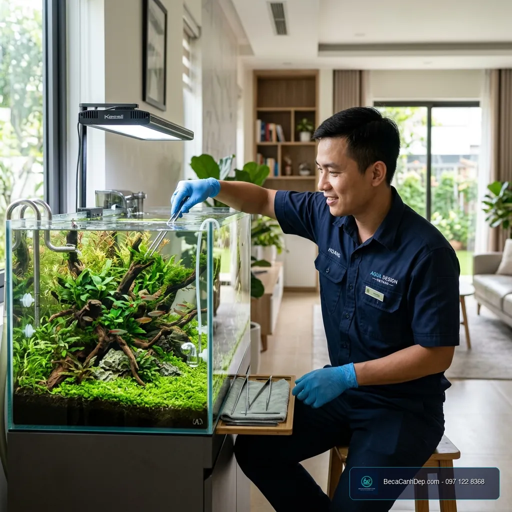 Kỹ thuật viên chuyên nghiệp bảo dưỡng bể cá thủy sinh tại nhà