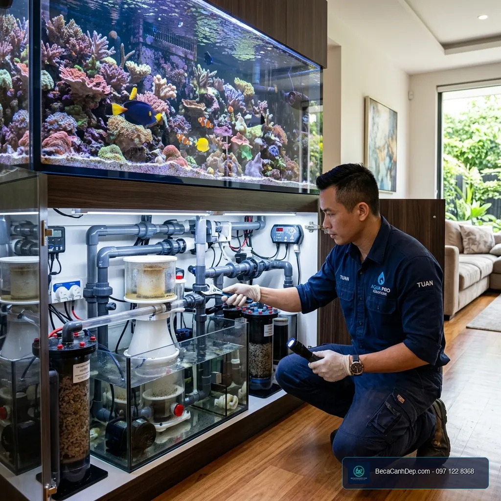 Kỹ thuật viên chuyên nghiệp lắp đặt và bảo dưỡng bể cá rồng tại nhà