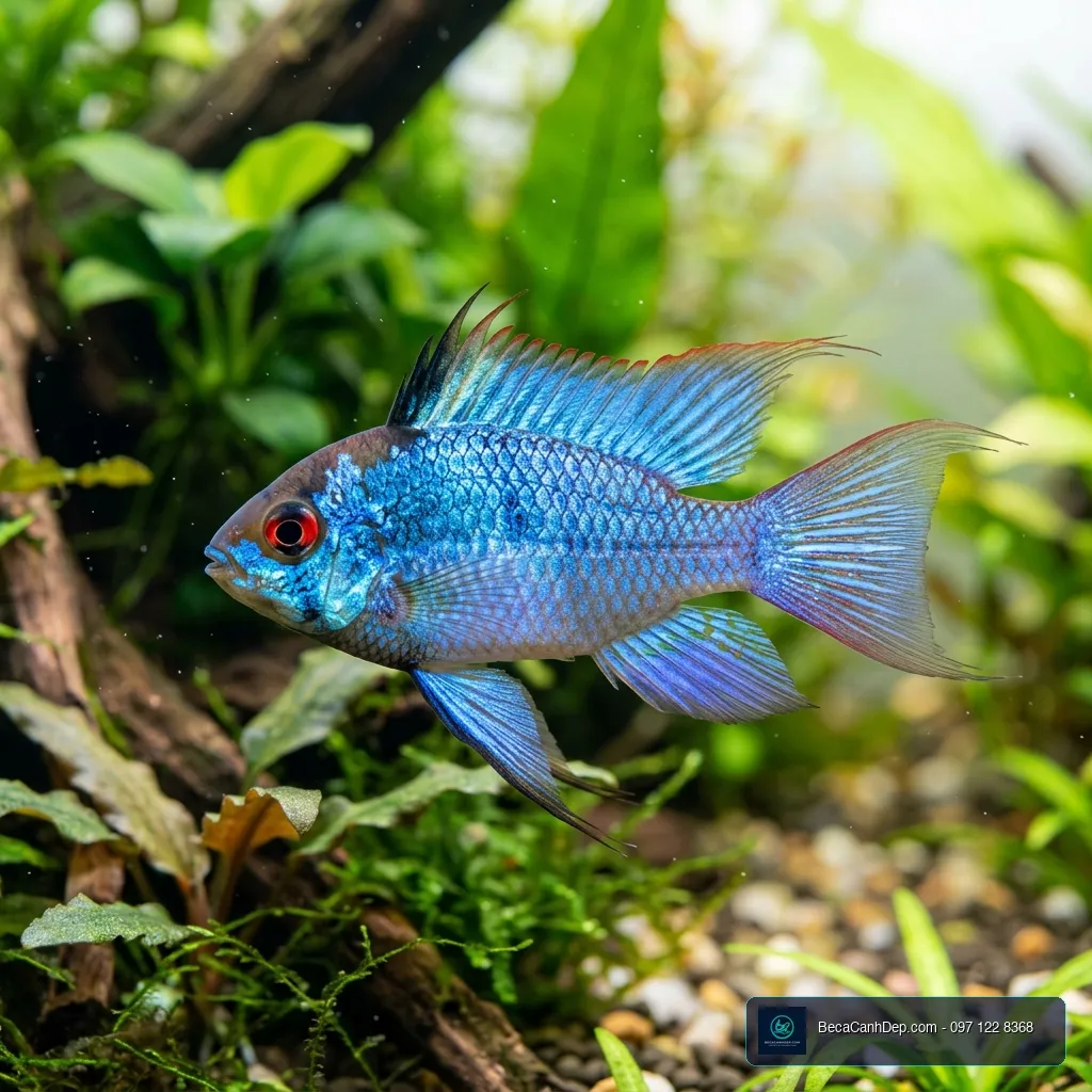 Cận cảnh chú cá phượng hoàng dạ quang lấp lánh sắc xanh lam neon tuyệt đẹp