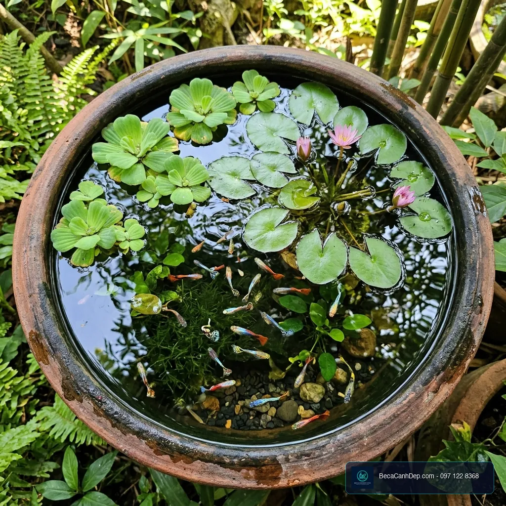 Chậu sứ gốm ngoài trời nuôi cá bảy màu xanh mát