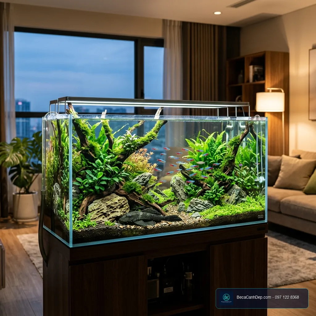 Bể thủy sinh được chăm sóc sạch sẽ rêu hại nhờ cá lau kiếng Pleco