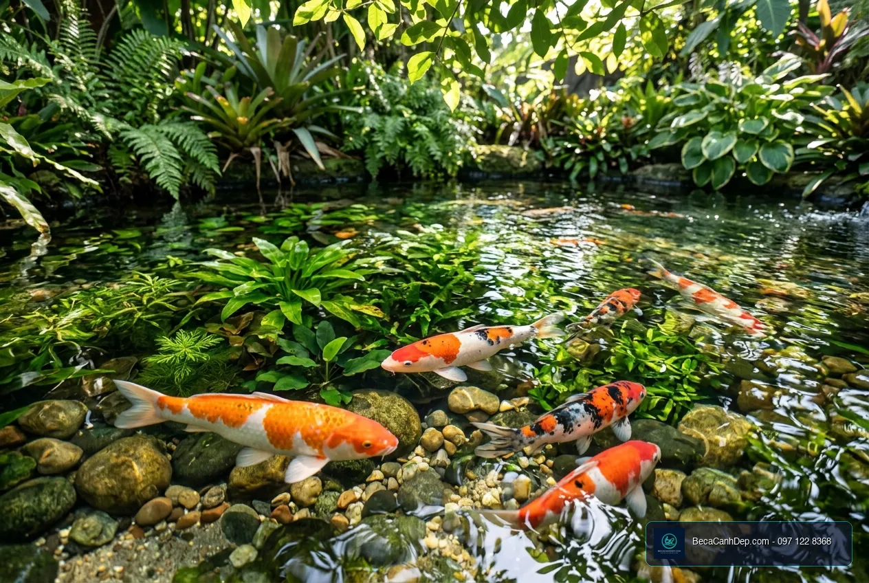 Cận cảnh đàn cá cảnh bơi lội uyển chuyển trong làn nước trong vắt của bể cá ngoài trời đẹp