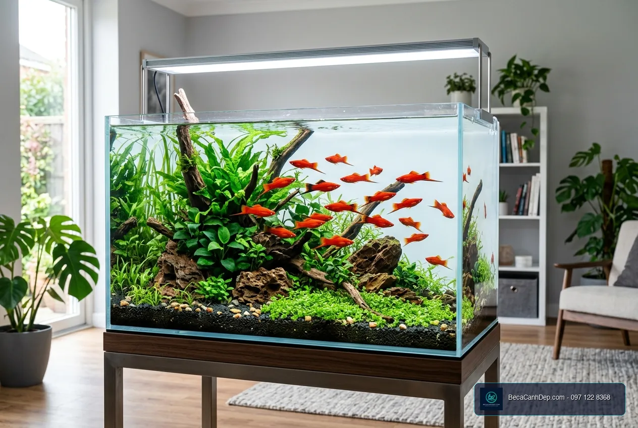 Đàn cá hồng kiếm đỏ rực bơi lội tung tăng trong bể thủy sinh trong vắt đầy cuốn hút