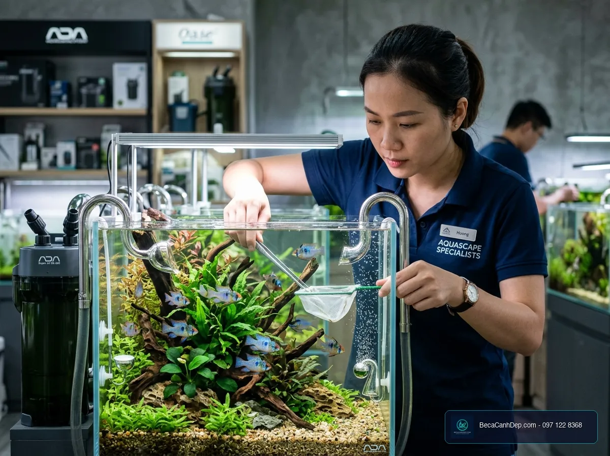 Kỹ thuật viên đang kiểm tra và chăm sóc sức khỏe cá phượng hoàng lam trong bể