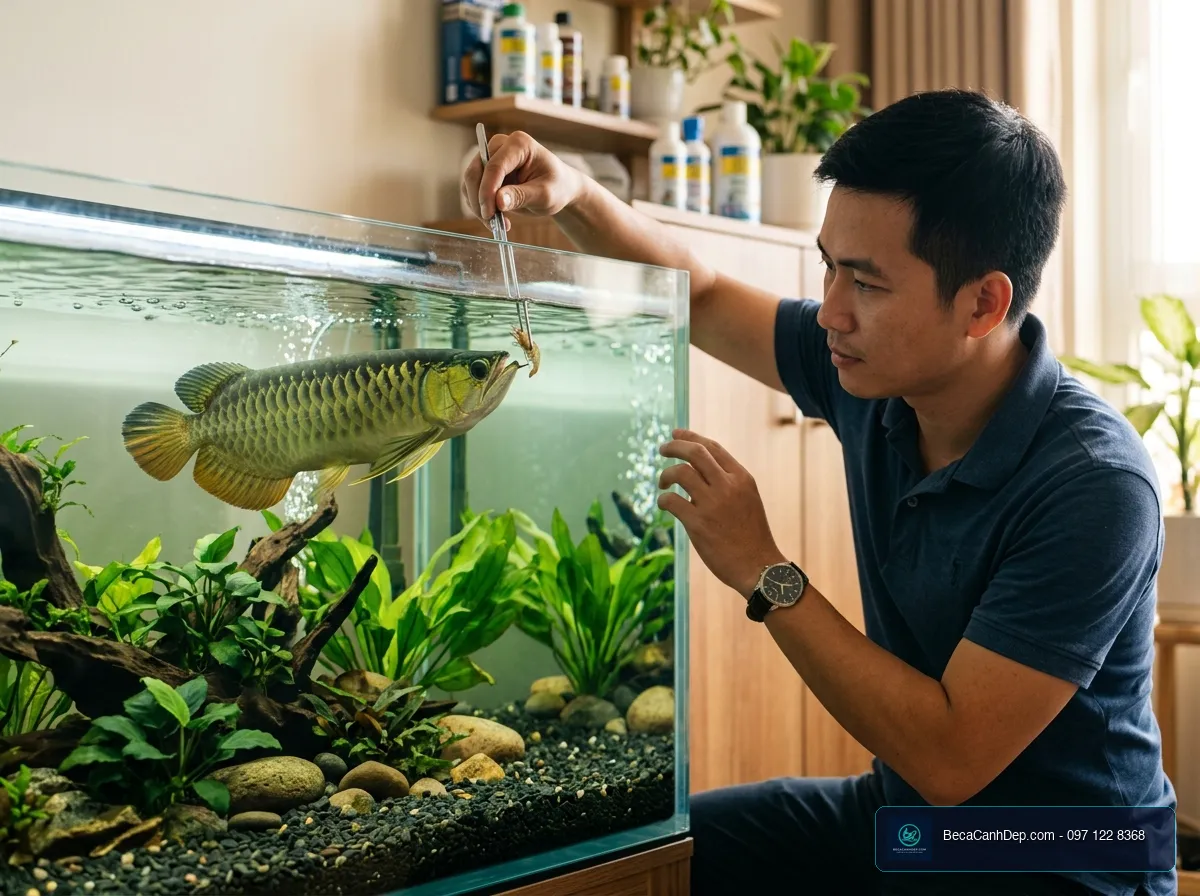 Kỹ thuật chăm sóc và cho cá rồng Thanh Long ăn tép sông hàng ngày