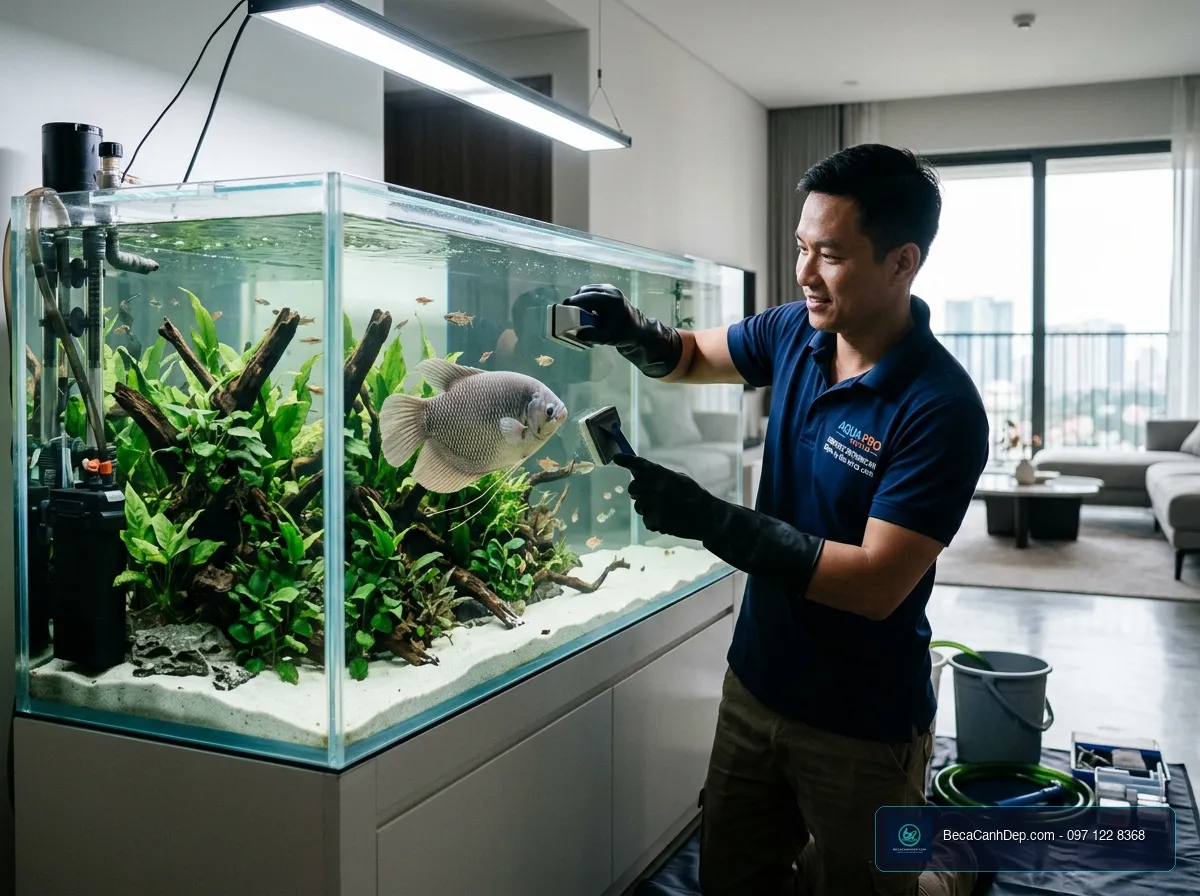 Kỹ thuật viên chuyên nghiệp bảo trì vệ sinh bể cá phát tài định kỳ giúp nước luôn sạch sẽ