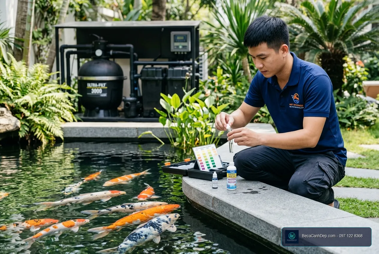 Kỹ thuật viên đang kiểm tra chất lượng nước cho bể cá ngoài trời