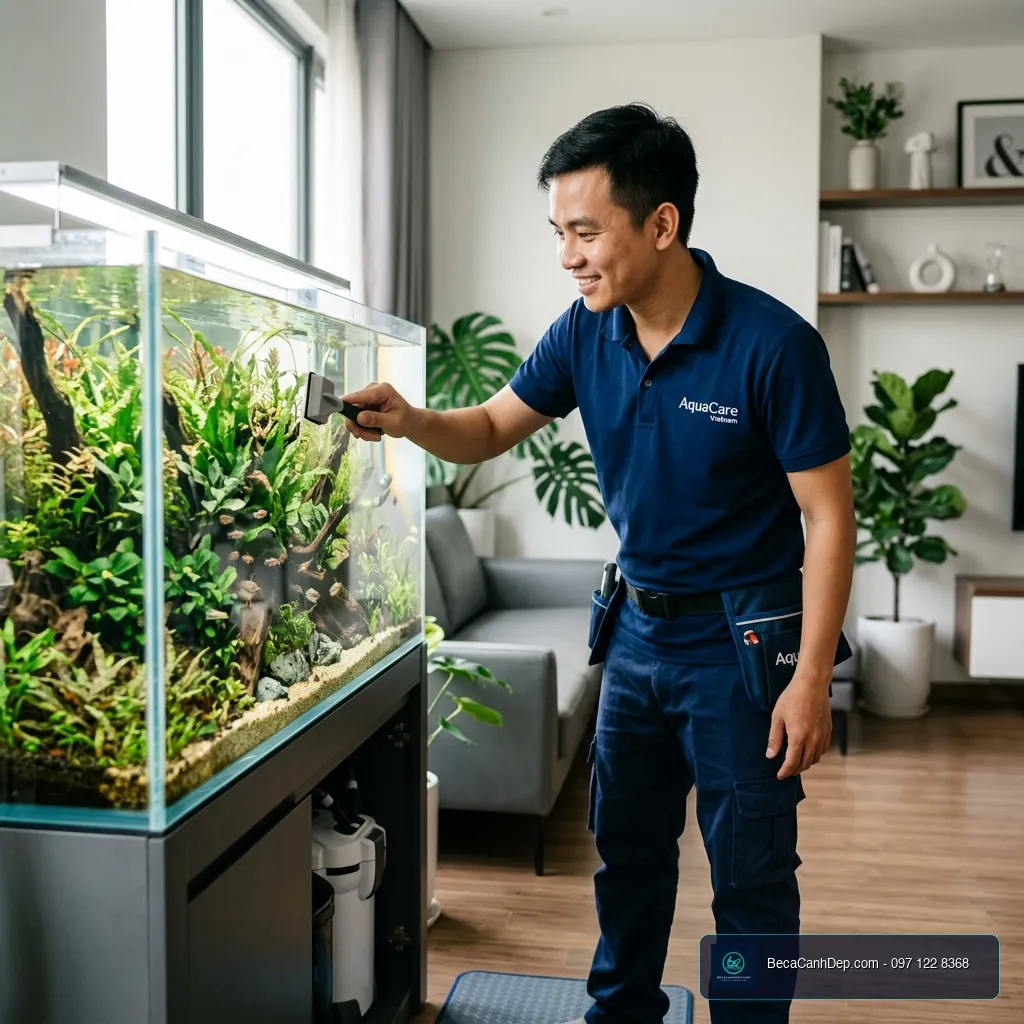 Kỹ thuật viên dọn bể cá cảnh chuyên nghiệp thực hiện bảo trì định kỳ