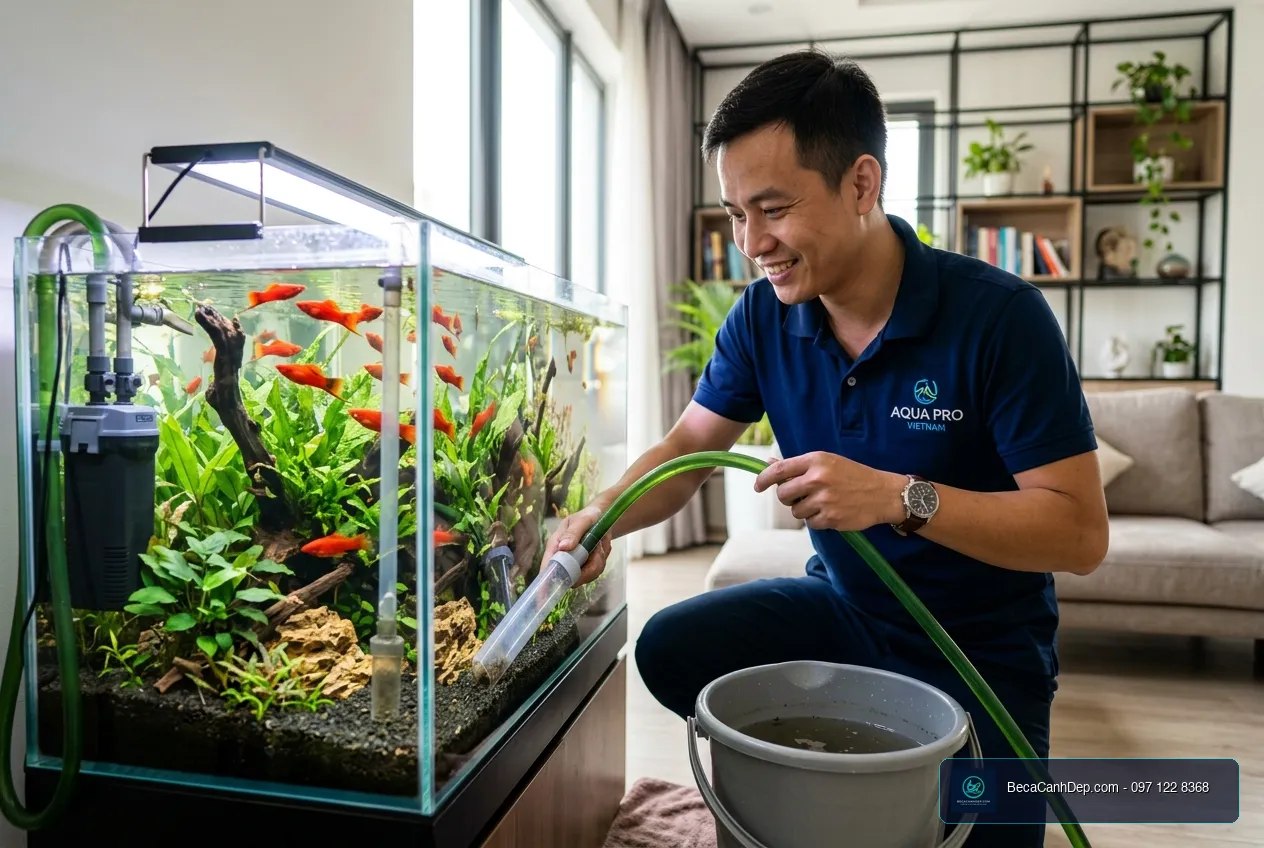 Kỹ thuật viên dọn dẹp vệ sinh bể thủy sinh giúp tạo điều kiện nước tốt nhất cho cá hồng kiếm sinh sản