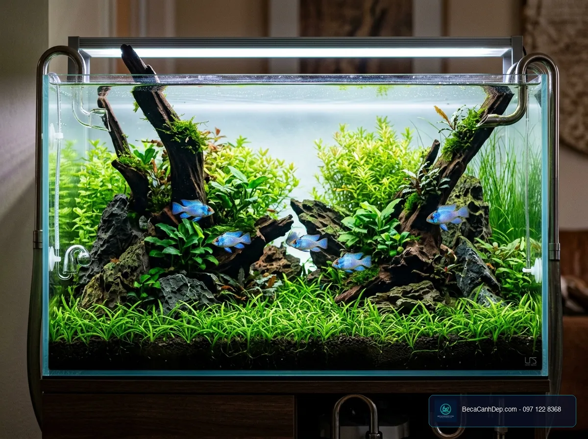 Bể thủy sinh nuôi cá phượng hoàng lam được setup chuyên nghiệp
