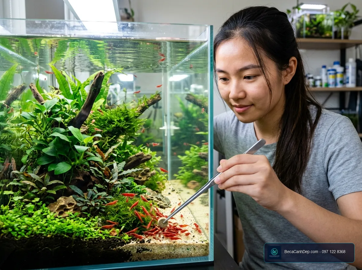 Người chơi cá cảnh đang chăm sóc bể cá và cho tép đỏ ăn bằng nhíp chuyên dụng